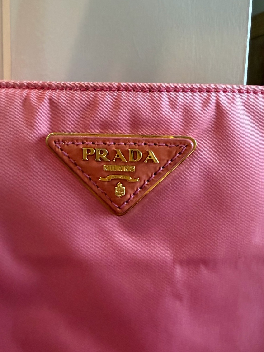 Prada Pink Nylon Shoulder Tote with Gold Triangle Logo - Picture 2 of 6